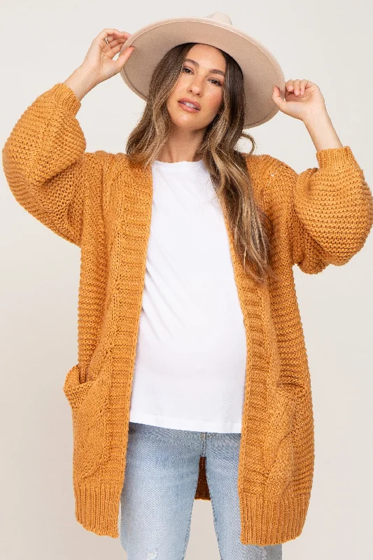 fashionable outerwearCamel Cable Knit Front Pocket Maternity Cardigan