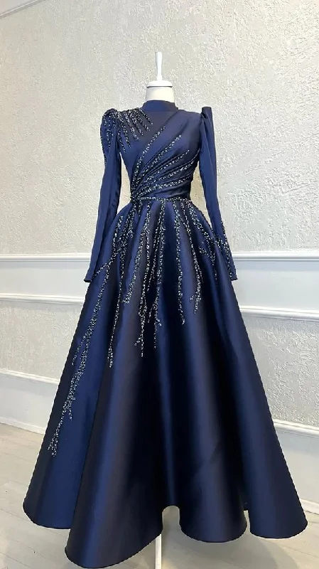 bohemian dressNavy Blue Satin Beaded Faux Muslim High Collar Ball Gown Formal Party Evening Gown, DP3494