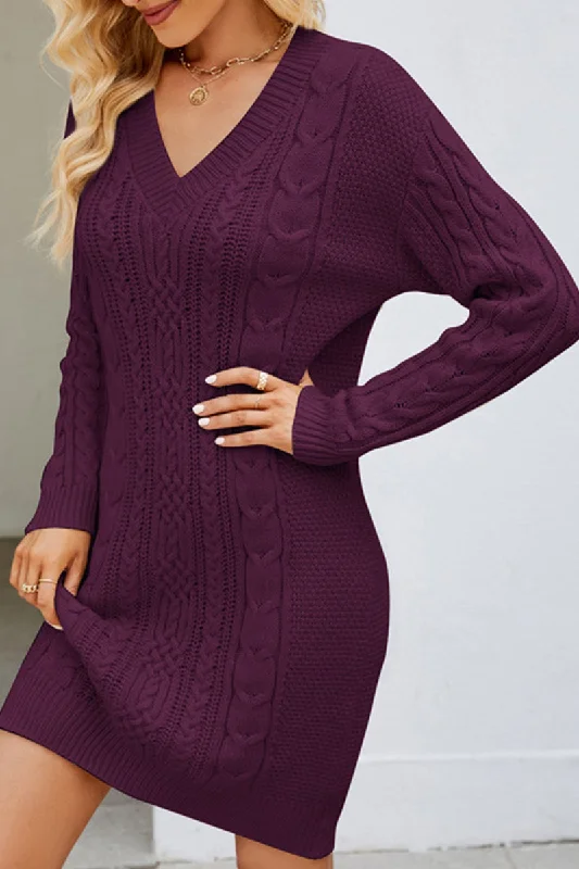 tiered dressWOMEN CABLE KNIT V NECK SWEAT DRESS