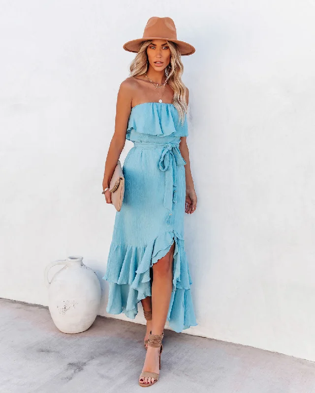 casual summer dressRosemont Cotton Linen Strapless High Low Maxi Dress - Blue