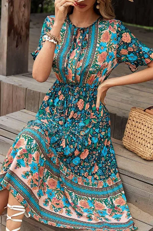 off-the-shoulder dressSLIM WAIST BUTTON DETAILED PATTERN DRESS