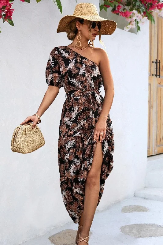 sleeveless dressLEAVES PRINTING HALF OFF SHOULDER WOMEN LONG DRESS