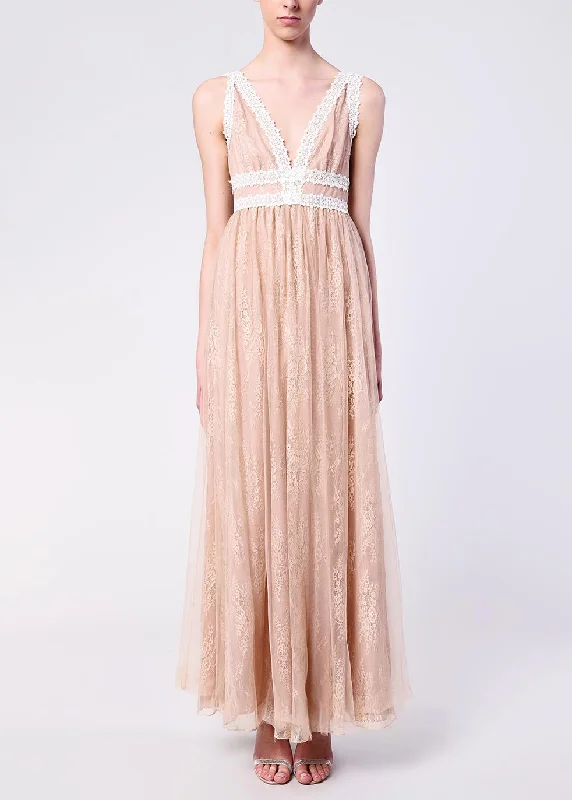 v-neck dressJuliette Nude Lace V-Neck Maxi Dress