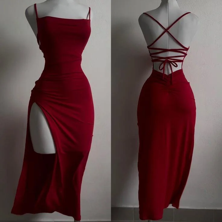 romantic dressCharming Red Backless Sheath Ankle Length Evening Party Dress, DP3153