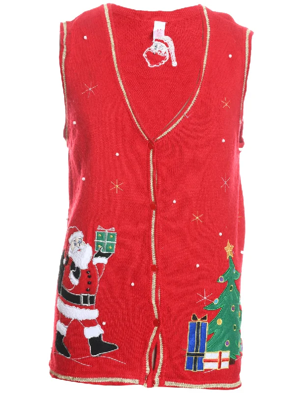 chic wool coatSanta Claus Design Red Embroidered Christmas Vest - L