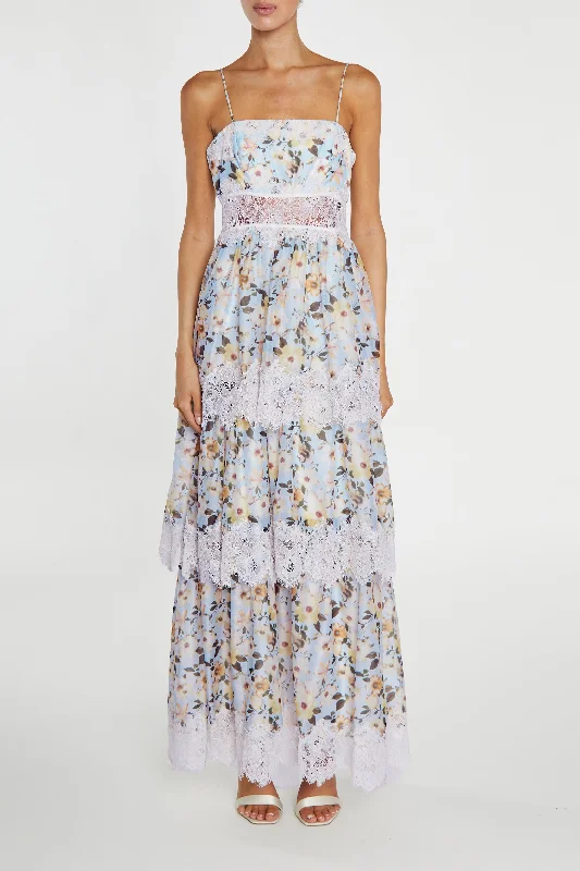 pleated maxi dressMaisie Pale-Blue Flower Organza Tiered Strappy Maxi-Dress