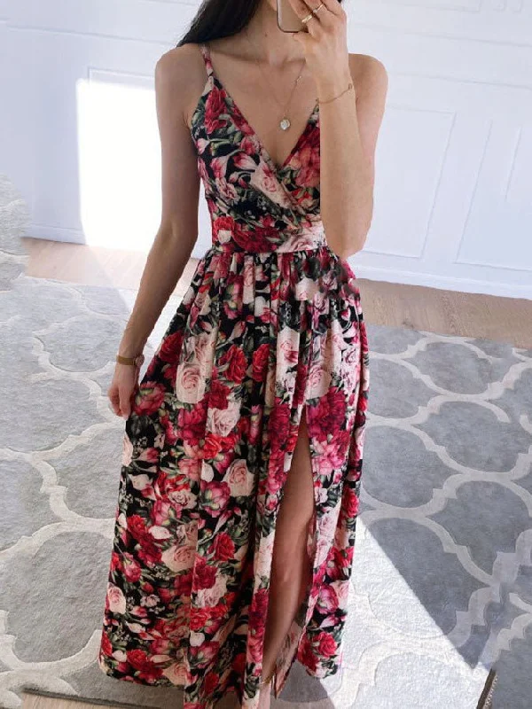 bohemian dressPrinted Deep V-Neck Slit Sling Dress