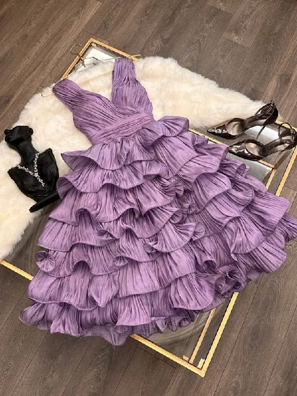 wool dressElegant Purple V Neck A-Line Wavy Tiered Midi Formal Party Dress, DP3507