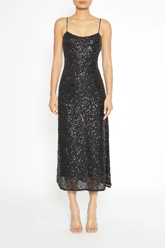 trendy mini dressIris Black Sequin Midi Slip Dress