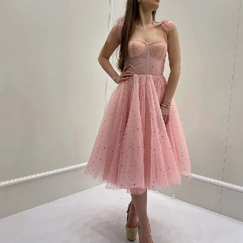 elegant dressPrincess Straps Peach Pink Formal homecoming Dress,Star Tea Length Prom Dress,DS4309