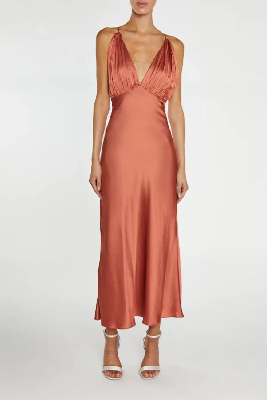 playful dressMarilyn Dusty-Coral Satin Pleated Halterneck Midaxi Dress