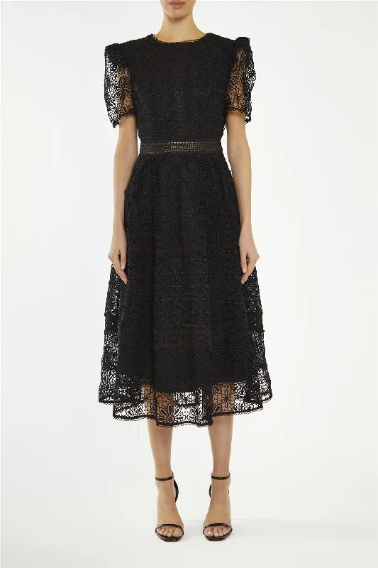 off-shoulder dressPriscilla Black Lace-Trim Midi-Dress