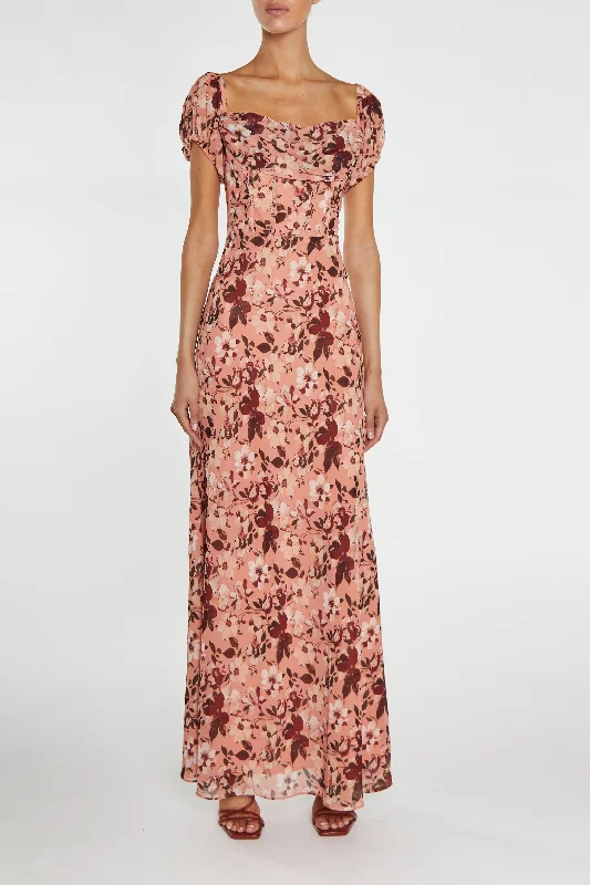 layered dressFrancesca Peach-Burgundy Floral Cowl-Neck Corset Maxi-Dress