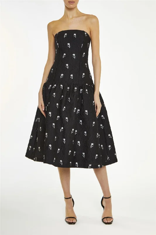 v-neck dressVienna Black-Grey Floral-Brocade Dropped-Waist Midi-Dress