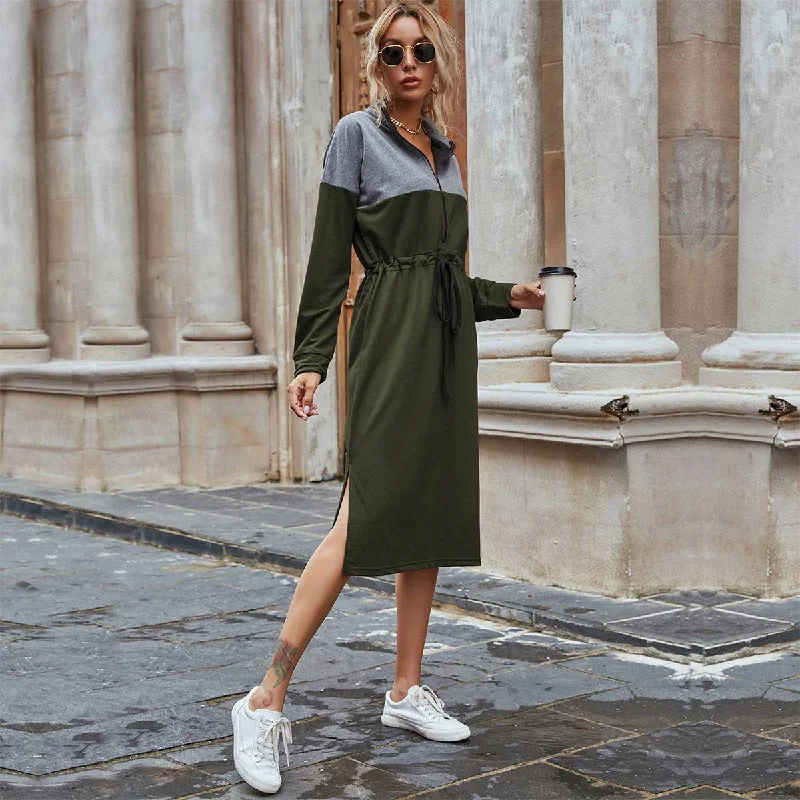 trendy wrap dressCASUAL COLOR CONTRAST SPLIT HOODIE DRESS_CWDSD4338