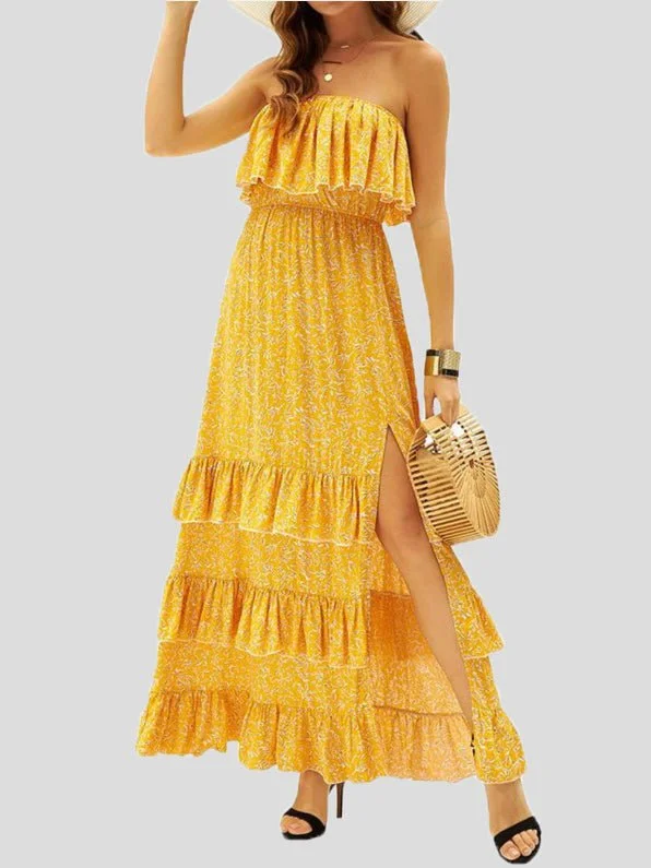 off-shoulder dressPrinted Tube Top Ruffled Slit Dress