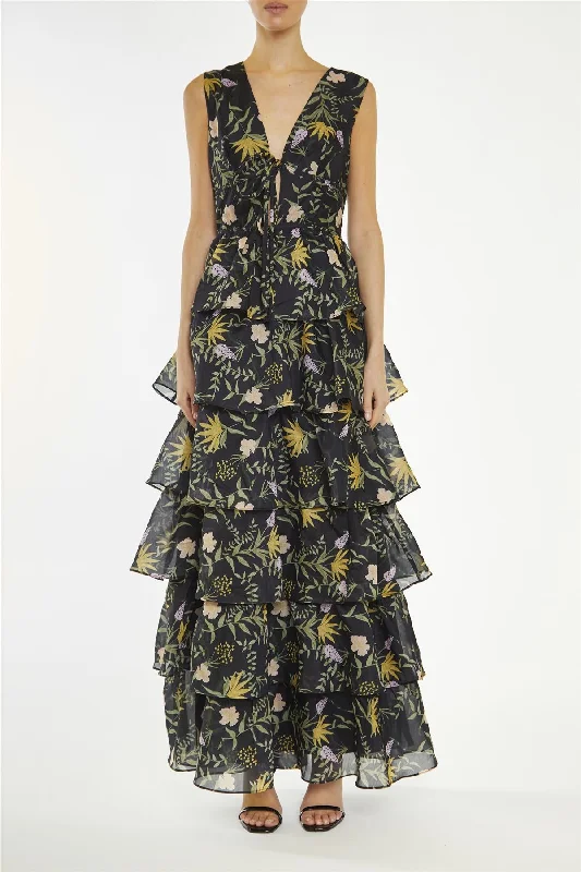 fitted dressGenevieve Black-Stem Nature-Floral Tiered Maxi-Dress