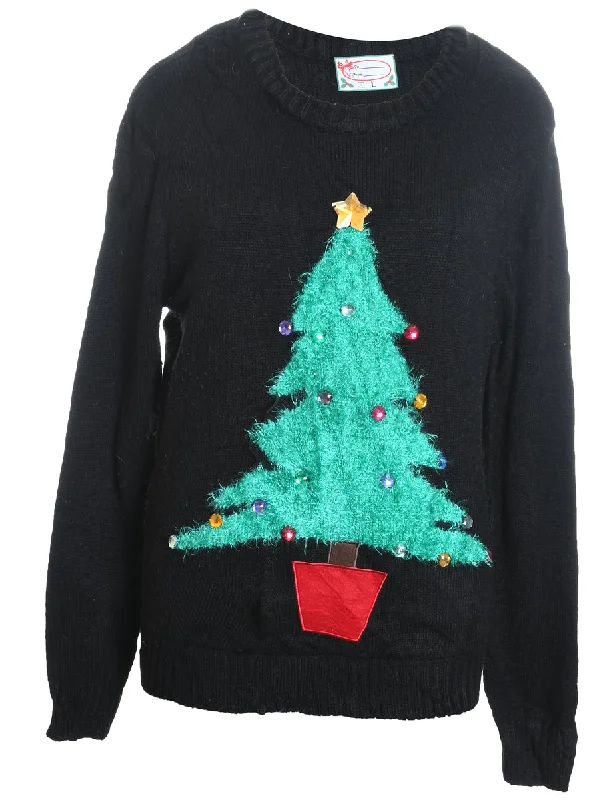 cold weather coatChristmas Tree Design Black Knit Jumper - L