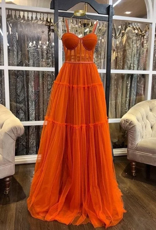 elegant maxi dressBurnt Orange Straps A-Line Tulle Long Prom Dress Wedding Guest Dress, DP3465