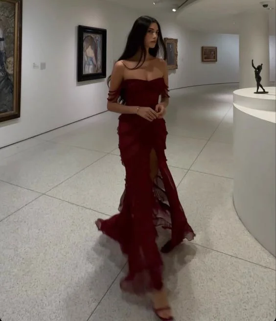 elegant shift dressBurgundy Off Shoulder Elegant Long Evening Party Dress With Slit, DP3064