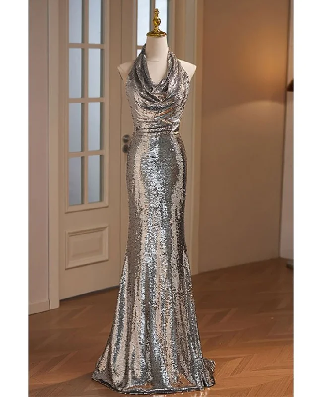 draped dressSilver Sequins Halter Mermaid Formal Prom Drerss Evening Gown, DP3214