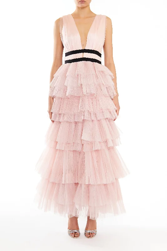 modern dressEliza Soft Nude Plunging Neck Layered Tulle Skirt Maxi-Dress