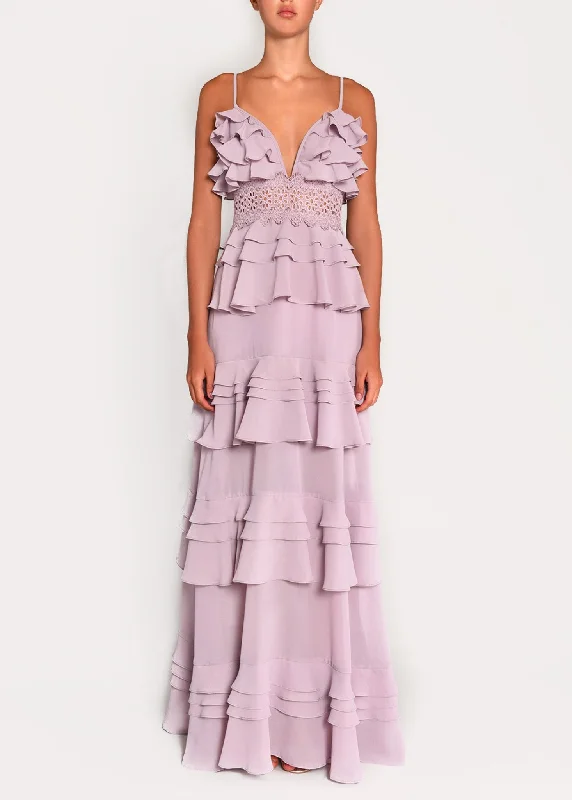 long sleeve dressSophia Dusty Lilac Plunge Front Tiered Ruffle Maxi-Dress