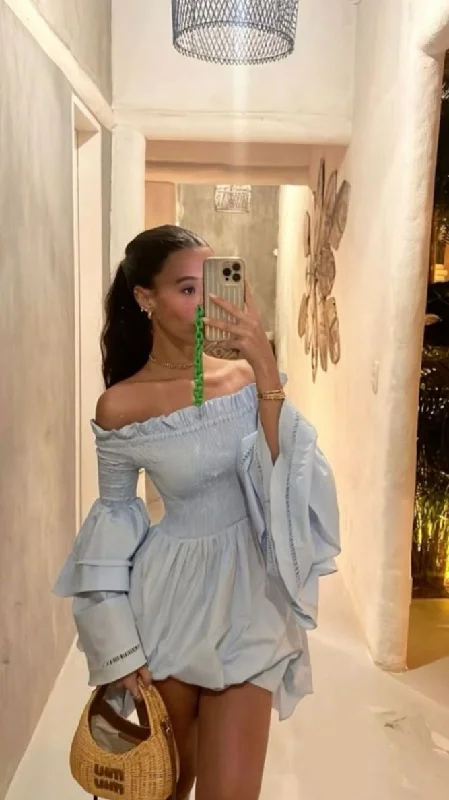 boho dressLight Blue Off Shoulder Long Sleeves A-Line Party Dress Fashion Summer Dress , DP3059