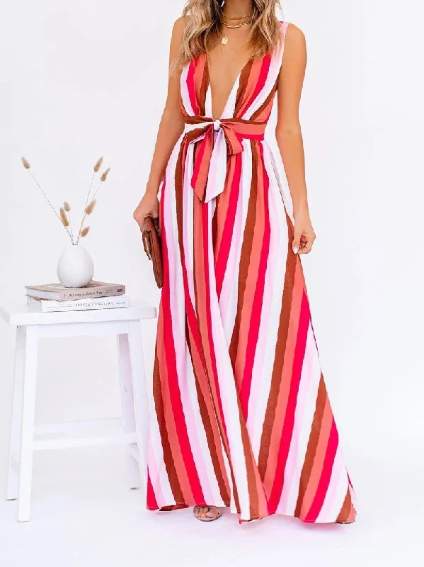 sleek midi dressDeep V Striped Suspender Casual Dress