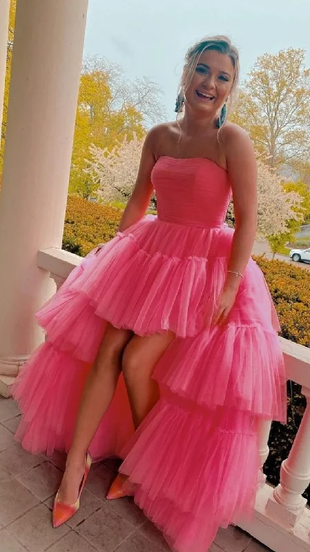 pleated maxi dressHot Pink High-Low Tulle Strapless Homecoming Dress Evening Party Dress,DP746