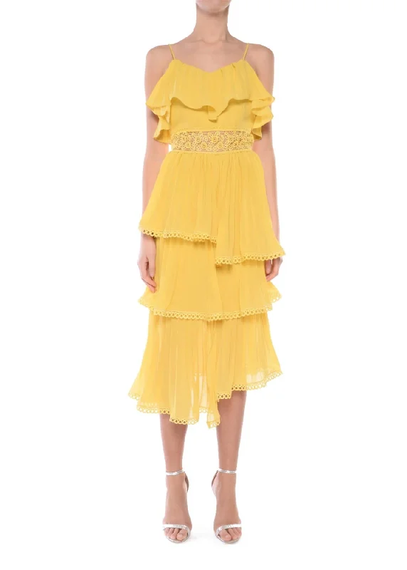 boho dressMarie Mustard Tiered Pleated Midi-Dress