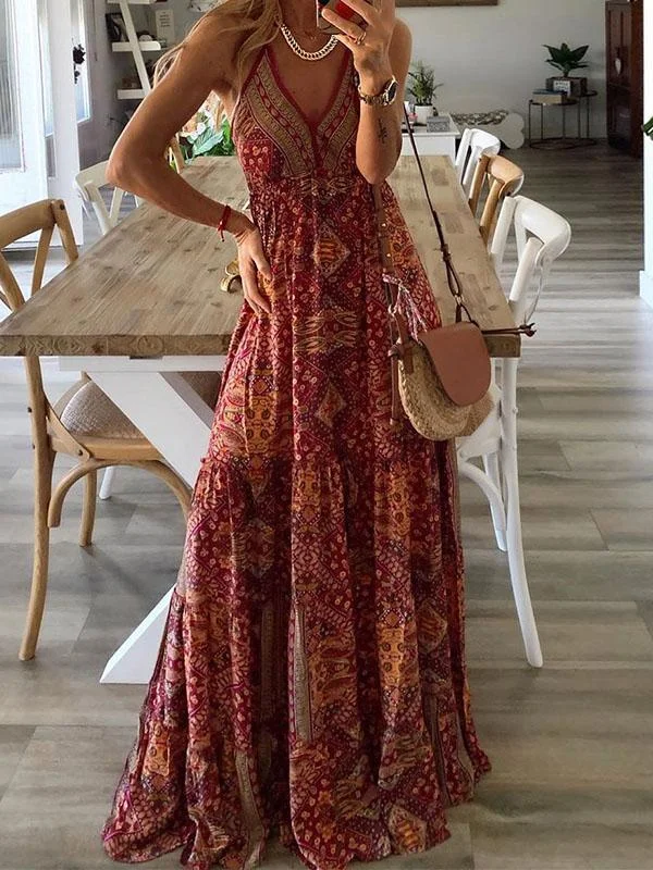 ruffle dressV-neck Strap Bohemian Holiday Print Dress