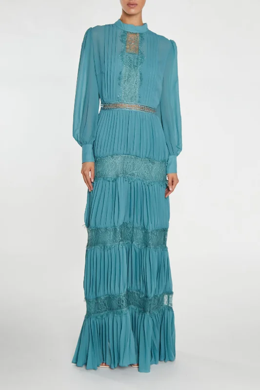 office dressHolly Mineral Blue High-Neck Pleated Maxi Dress