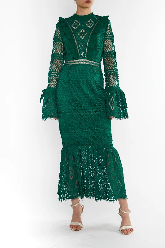 oversized dressJenna Emerald-Green Peplum-Sleeve Lace Midi Dress