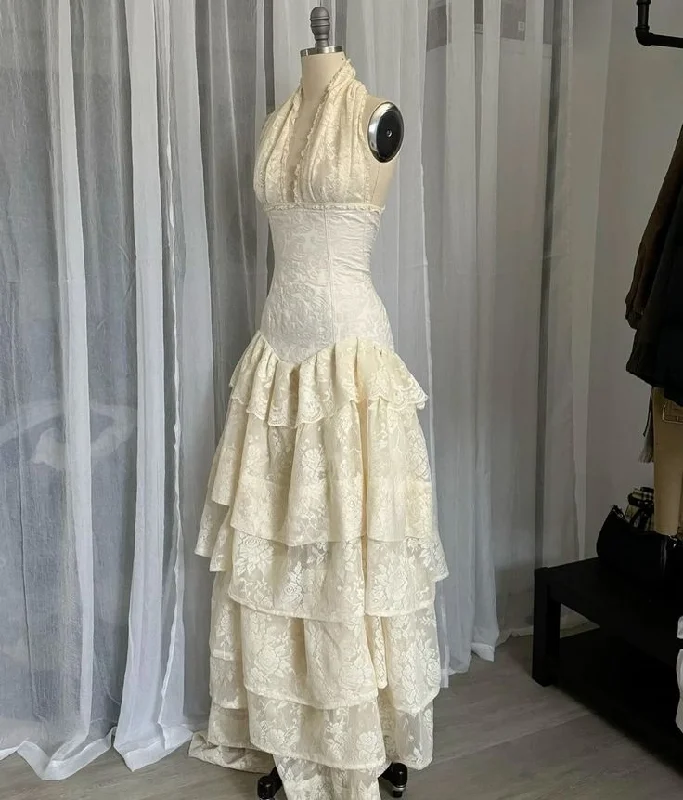 structured dressVintage Halter Lace Tiered Ivory Long Prom Dress Birthday Outfits, DP3327