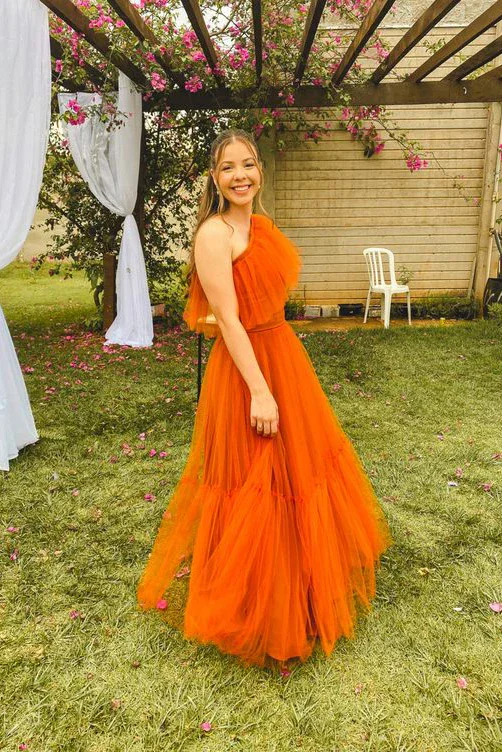 midi dressBurnt Orange One Shoulder A-Line Tulle Long Prom Dress Occasion Dress, DP3541