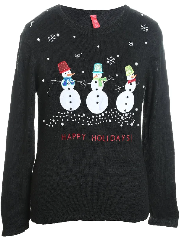 comfortable outerwearSnowman Design Black Knit Christmas Jumper - S