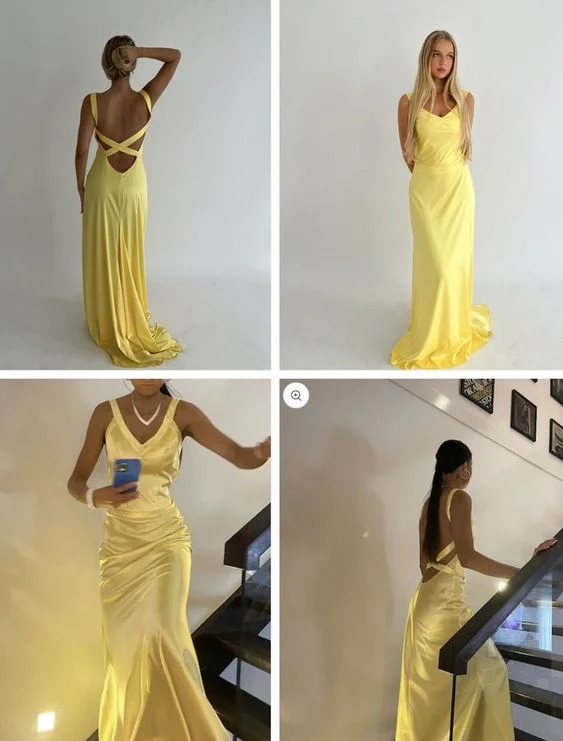 midi dressYellow V neck Backless Mermaid Sexy Long Prom Dress, DP3637