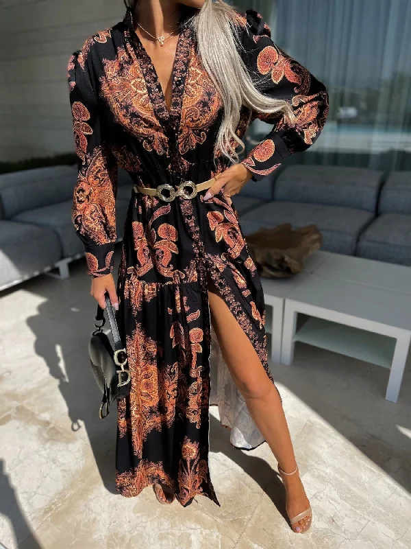 trendy dressVintage Print Long Sleeve Slit Dress