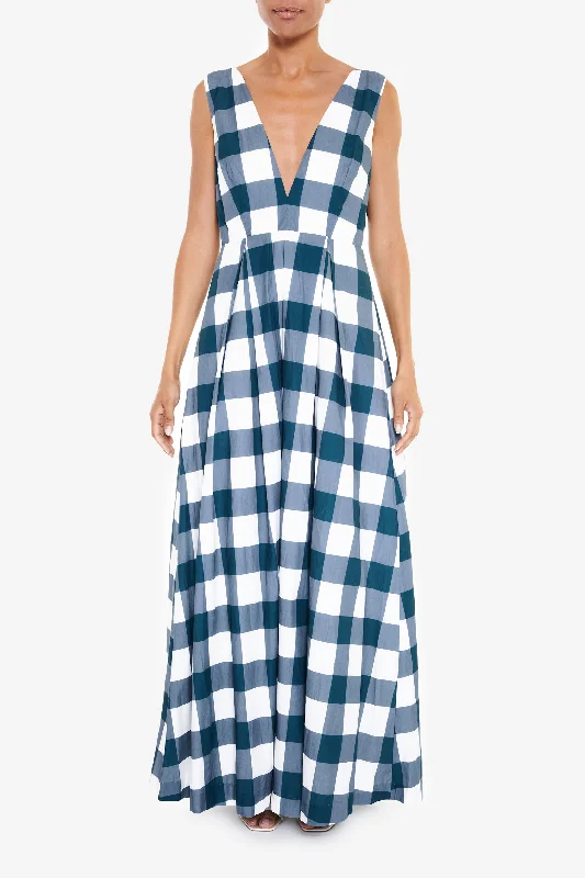 backless dressLouise Petrol Blue Check Plunging Back Maxi-Dress