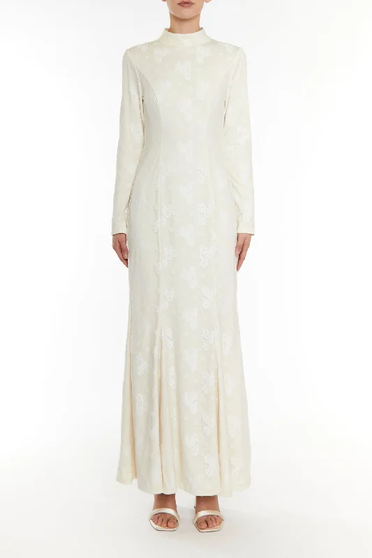 cocktail dressSerenity White-Lace High Neck Godet Maxi-Dress