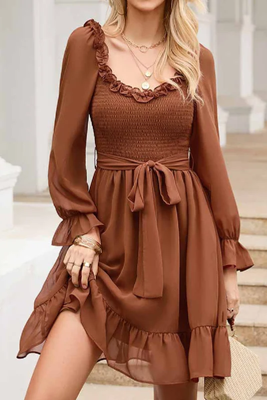 puff sleeve dressSHORT SQUARE NECK FRILL FLARE DRESS