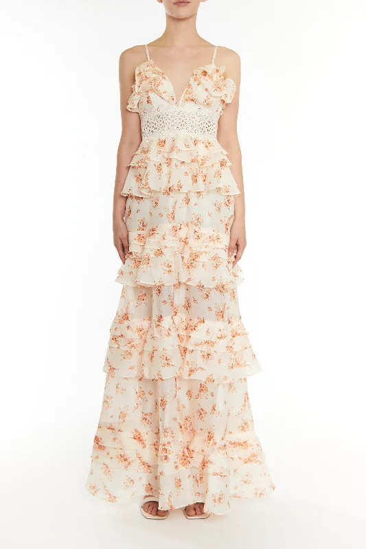 spaghetti strap dressSophia Cream Orange Floral Plunge Front Tiered Ruffle Maxi-Dress