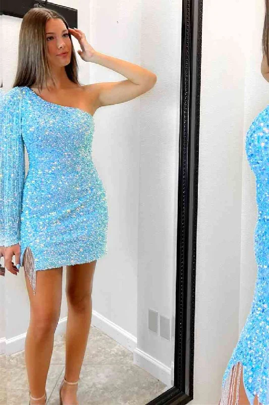 long sleeve dressLong Sleeve Fringe Light Blue Mini Homecoming Dress,DS5002