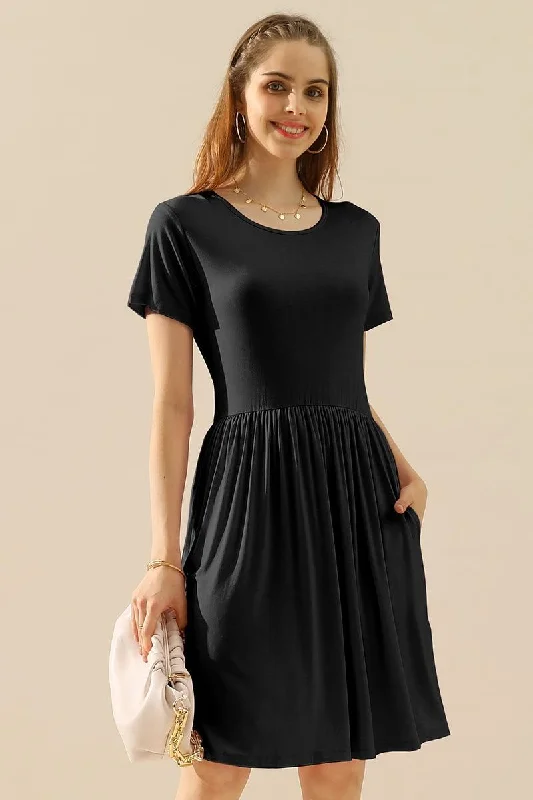 mini dressCREWNECK SHIRRED FLOWY SWING SHORT SLEEVE DRESSES