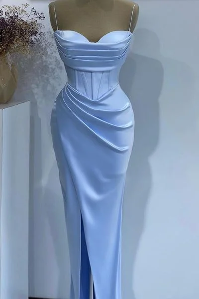 office dressSky Blue Spaghetti Straps Mermaid Satin Long Formal Prom Dress, DP3430