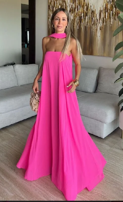 elegant dressHot Pink Strapless A-Line Long Party Dress Occasion Dress, DP3453