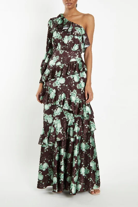 floral dressOttilie Brown-Sage-Rose One-Shoulder Ruffled Layered Maxi-Dress