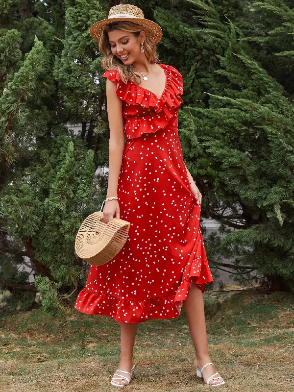 chic shift dressKittenAlarm - New High-waist Ruffled Slim-fit Polka-dot Sleeveless Red Dress