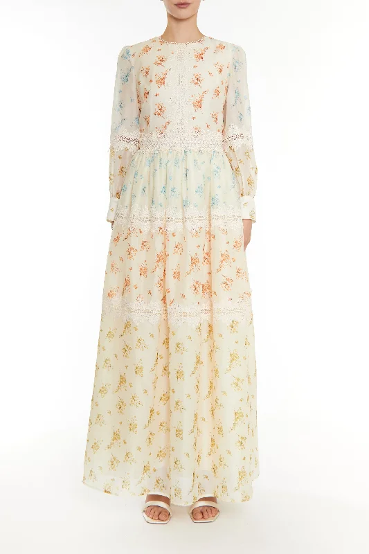 puff sleeve dressJoanna Cream Patchwork Floral Long Sleeve Maxi Dress